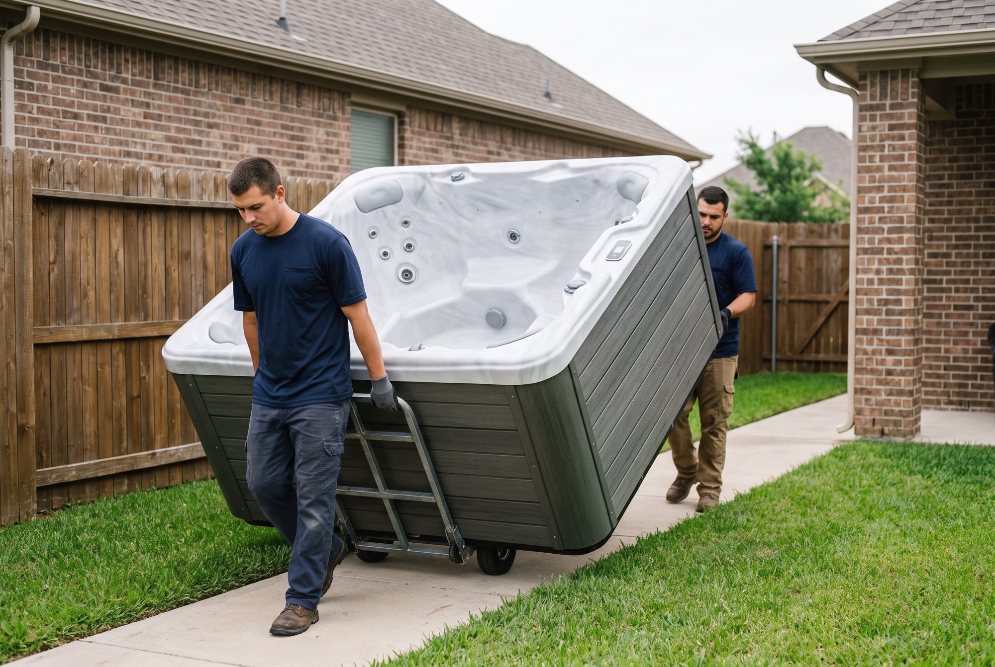 Our delivery crew moving a hot tub into a backyard