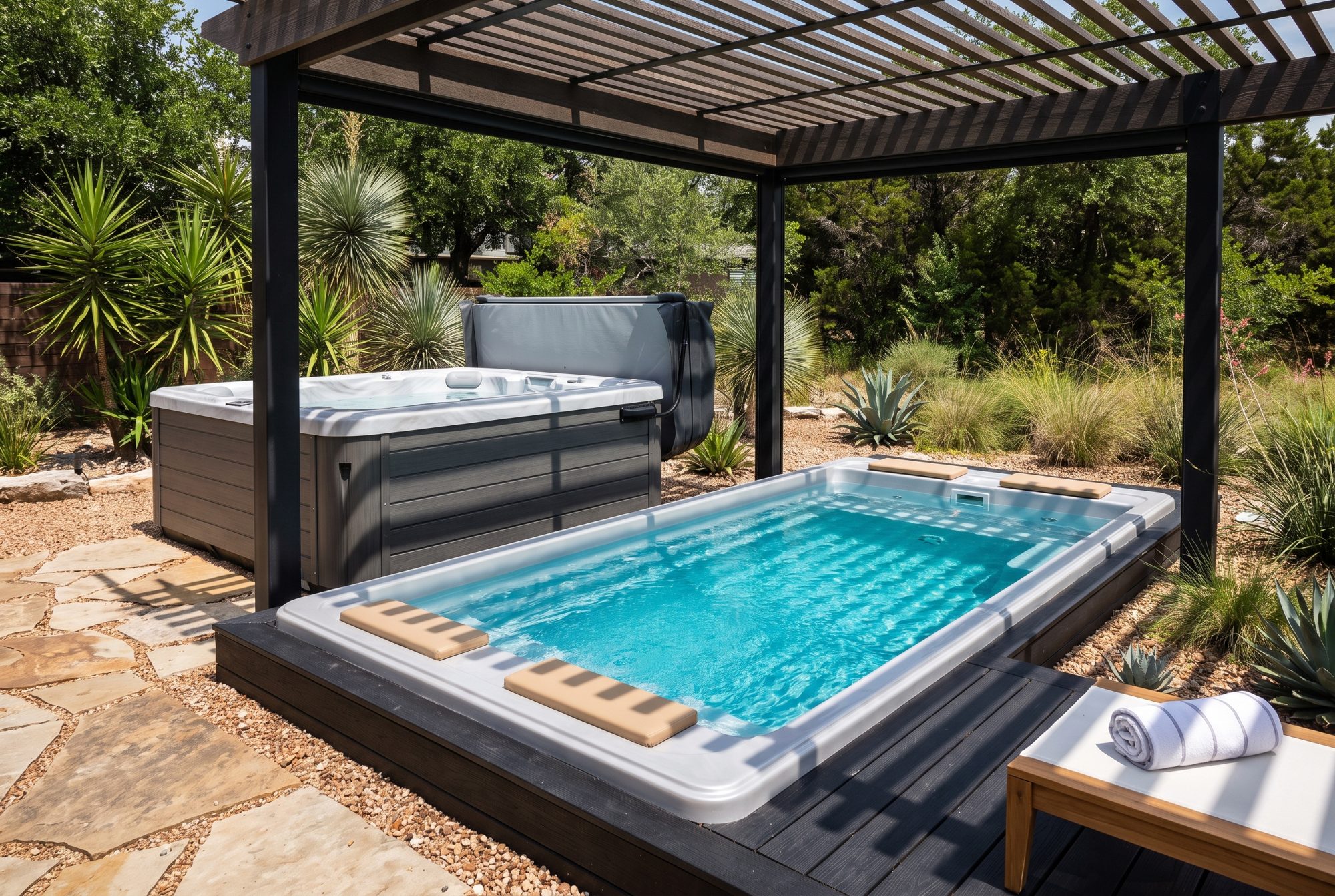 A 15 foot plunge pool under a pergola in a Texas backyard
