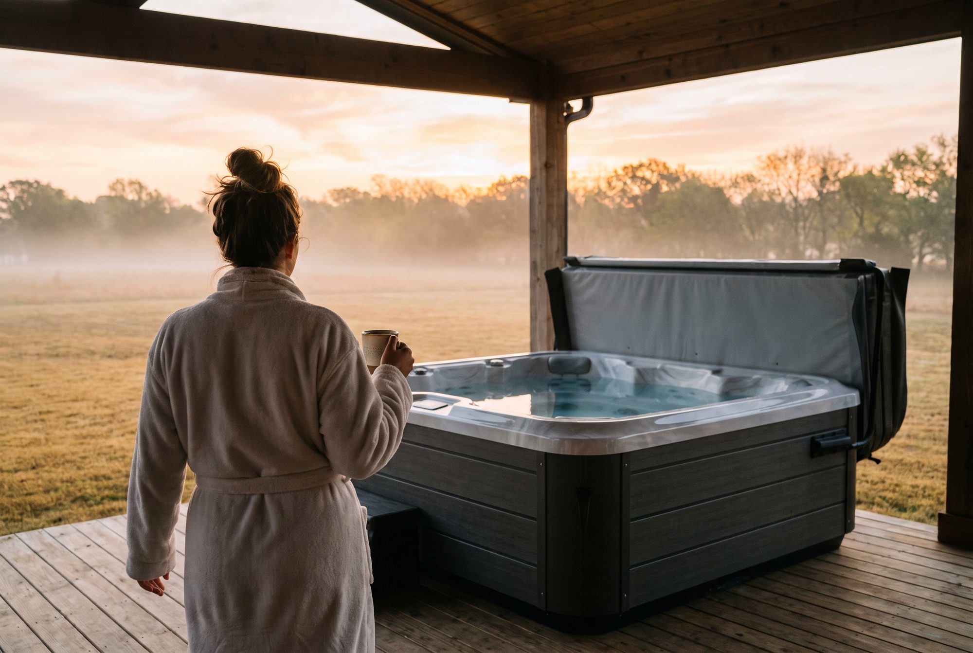 A woman with coffee walking to her hot tub at sunrise